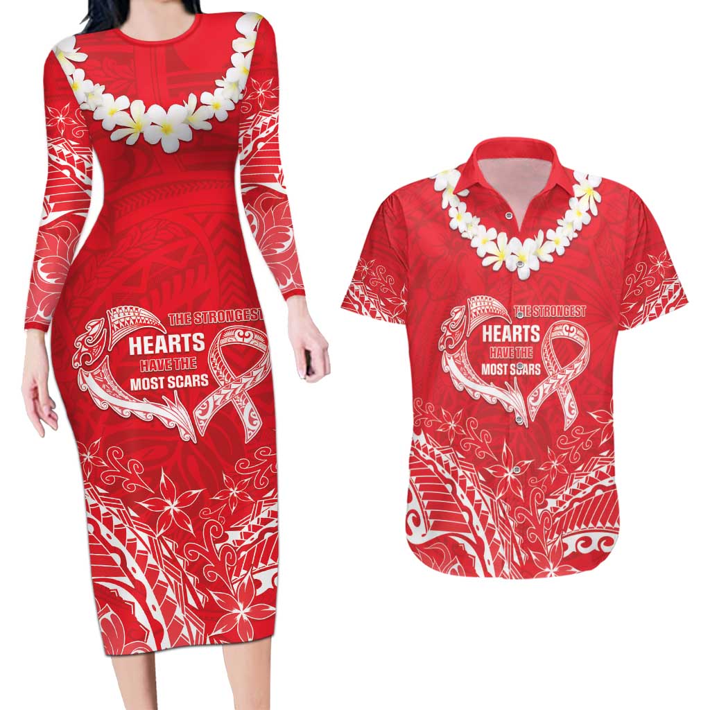 Heart Health Awareness Couples Matching Long Sleeve Bodycon Dress and Hawaiian Shirt Polynesian Red Ribbon LT05 Red - Polynesian Pride