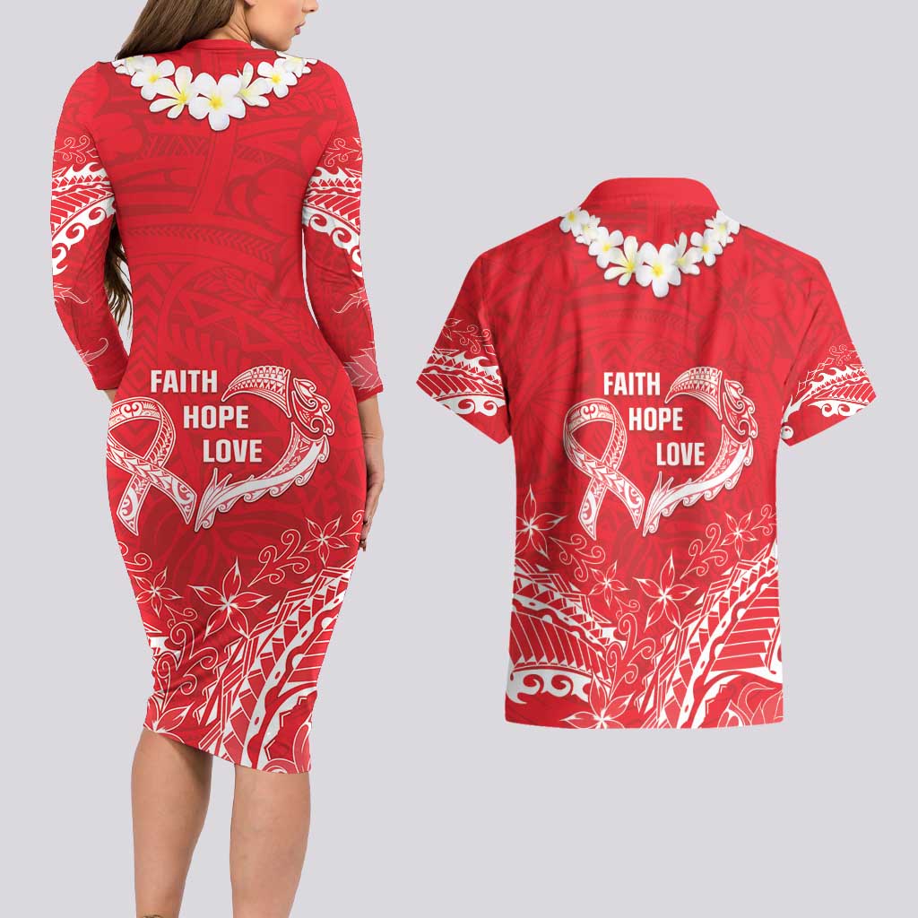 Heart Health Awareness Couples Matching Long Sleeve Bodycon Dress and Hawaiian Shirt Polynesian Red Ribbon LT05 - Polynesian Pride
