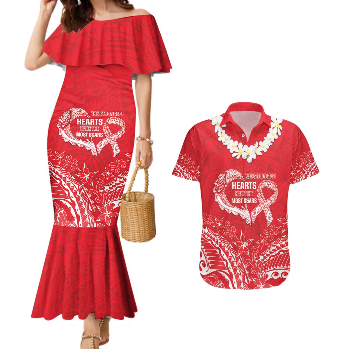 Heart Health Awareness Couples Matching Mermaid Dress and Hawaiian Shirt Polynesian Red Ribbon LT05 Red - Polynesian Pride