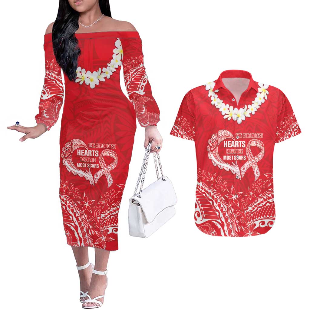 Heart Health Awareness Couples Matching Off The Shoulder Long Sleeve Dress and Hawaiian Shirt Polynesian Red Ribbon LT05 Red - Polynesian Pride