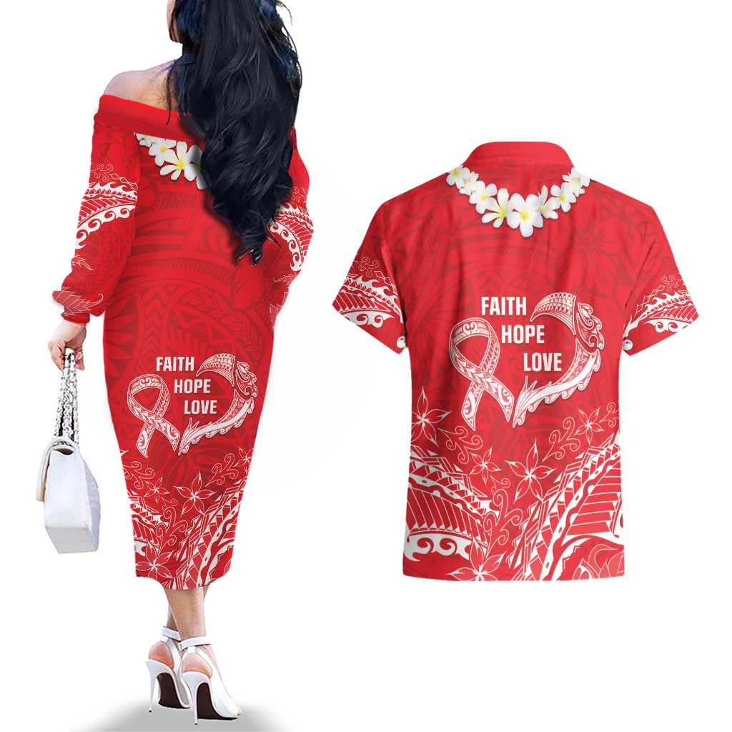 Heart Health Awareness Couples Matching Off The Shoulder Long Sleeve Dress and Hawaiian Shirt Polynesian Red Ribbon LT05 - Polynesian Pride