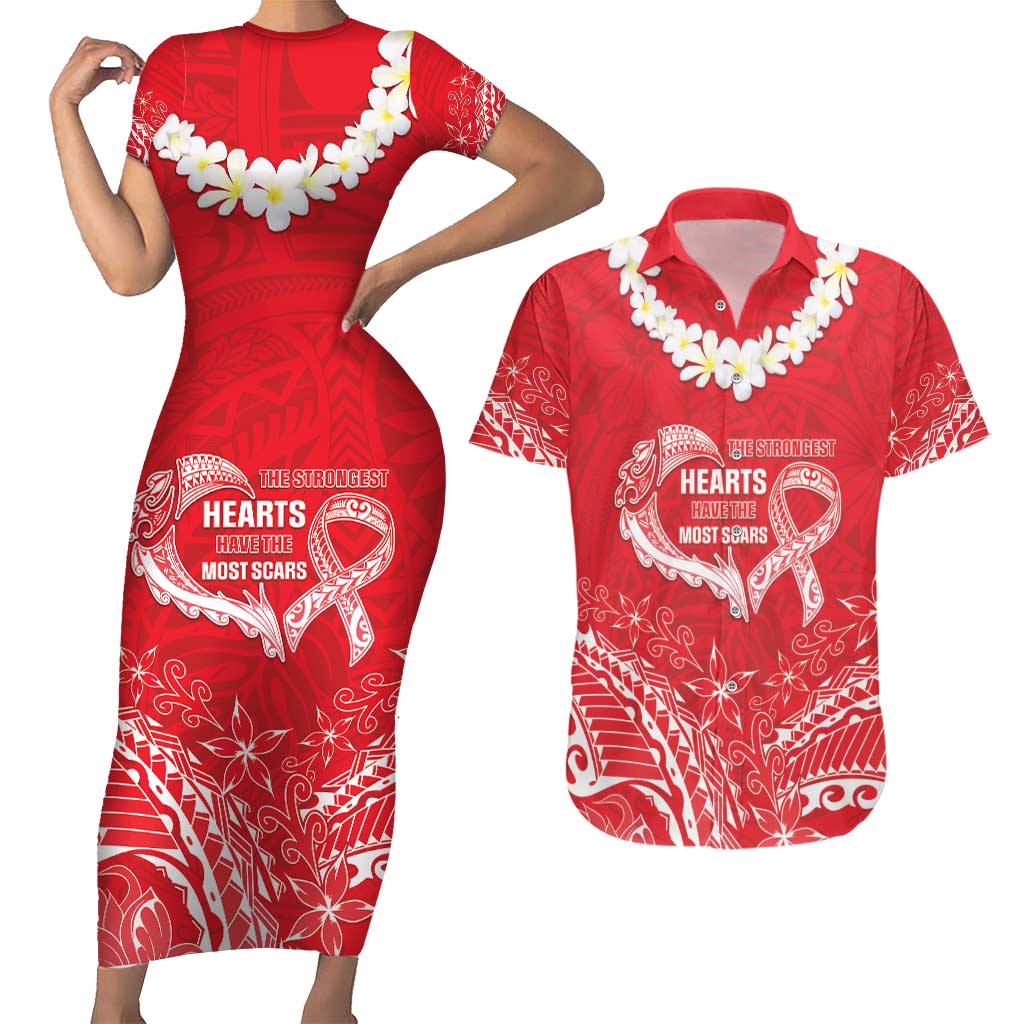 Heart Health Awareness Couples Matching Short Sleeve Bodycon Dress and Hawaiian Shirt Polynesian Red Ribbon LT05 Red - Polynesian Pride