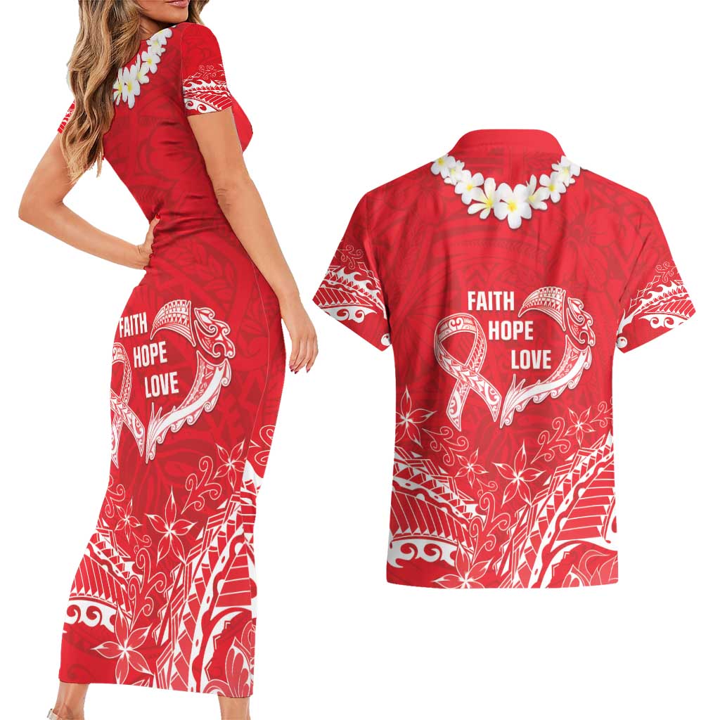 Heart Health Awareness Couples Matching Short Sleeve Bodycon Dress and Hawaiian Shirt Polynesian Red Ribbon LT05 - Polynesian Pride