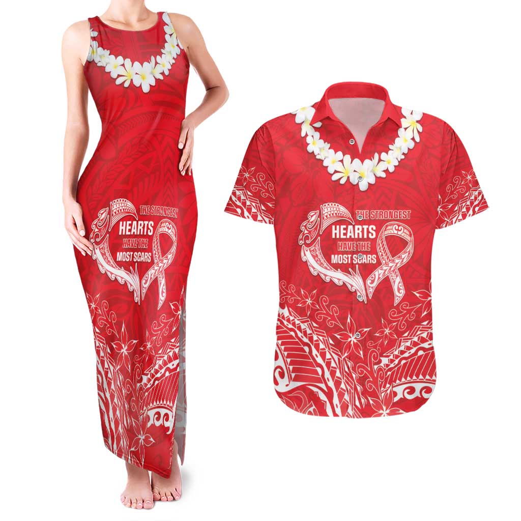 Heart Health Awareness Couples Matching Tank Maxi Dress and Hawaiian Shirt Polynesian Red Ribbon LT05 Red - Polynesian Pride