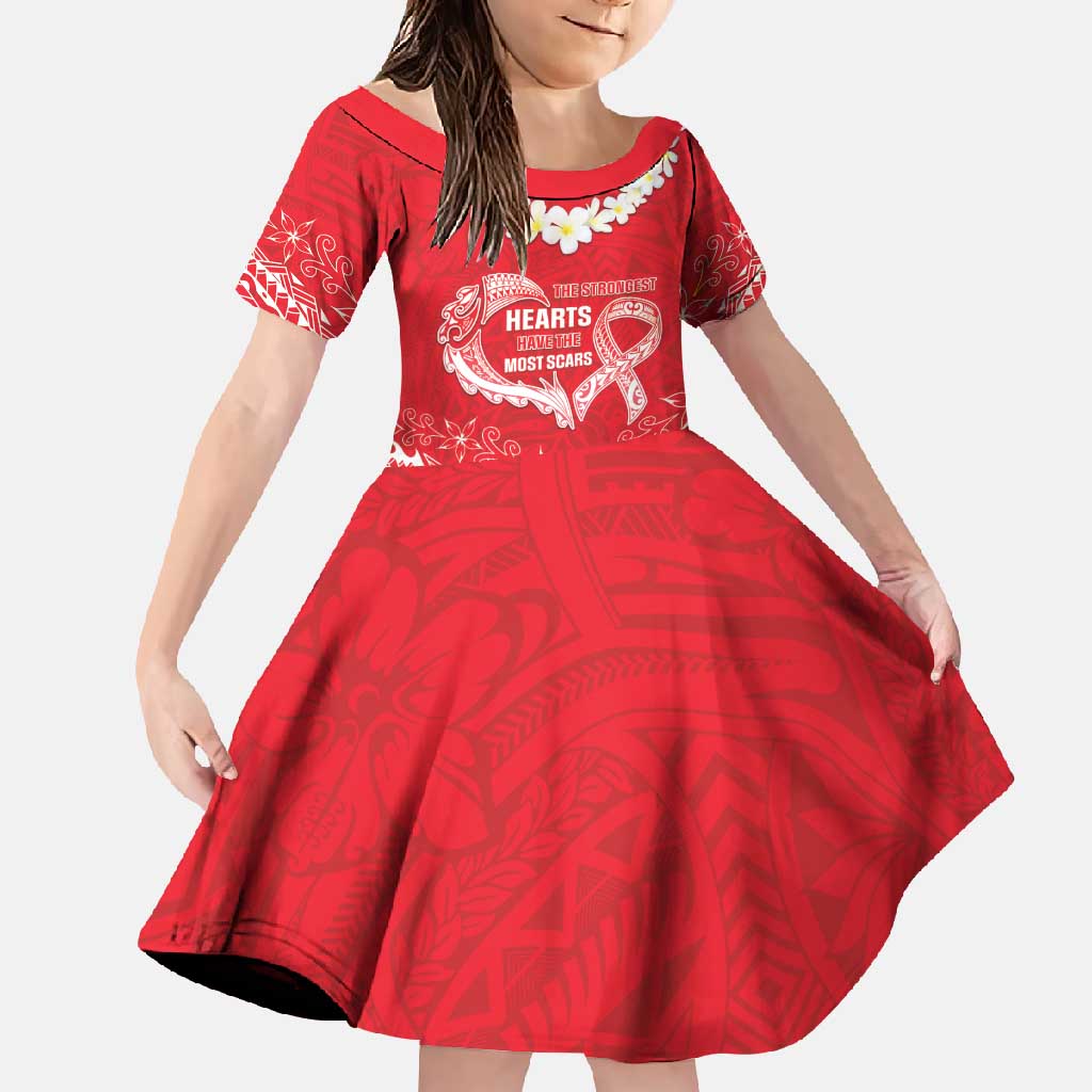Heart Health Awareness Family Matching Long Sleeve Bodycon Dress and Hawaiian Shirt Polynesian Red Ribbon LT05 Daughter's Dress Red - Polynesian Pride