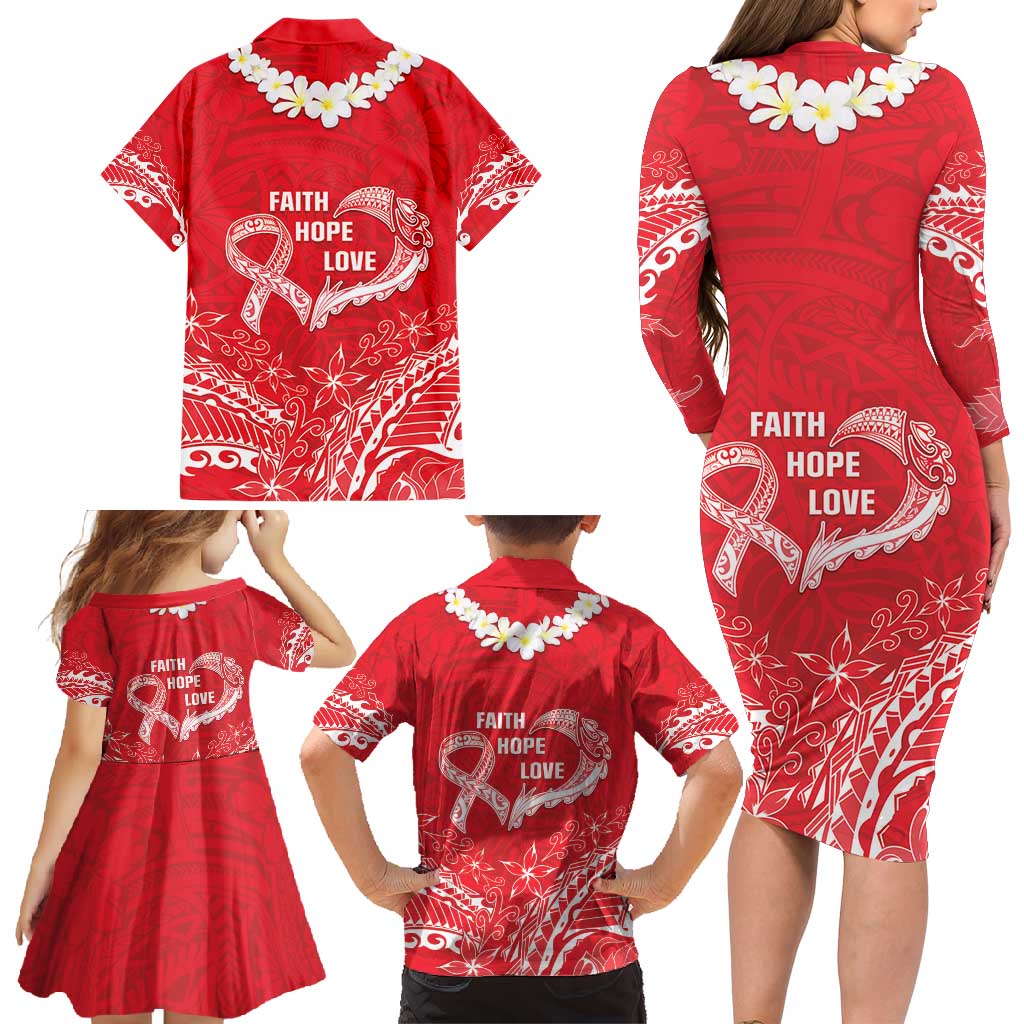 Heart Health Awareness Family Matching Long Sleeve Bodycon Dress and Hawaiian Shirt Polynesian Red Ribbon LT05 - Polynesian Pride