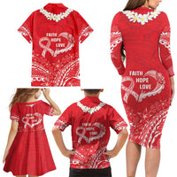 Heart Health Awareness Family Matching Long Sleeve Bodycon Dress and Hawaiian Shirt Polynesian Red Ribbon LT05 - Polynesian Pride