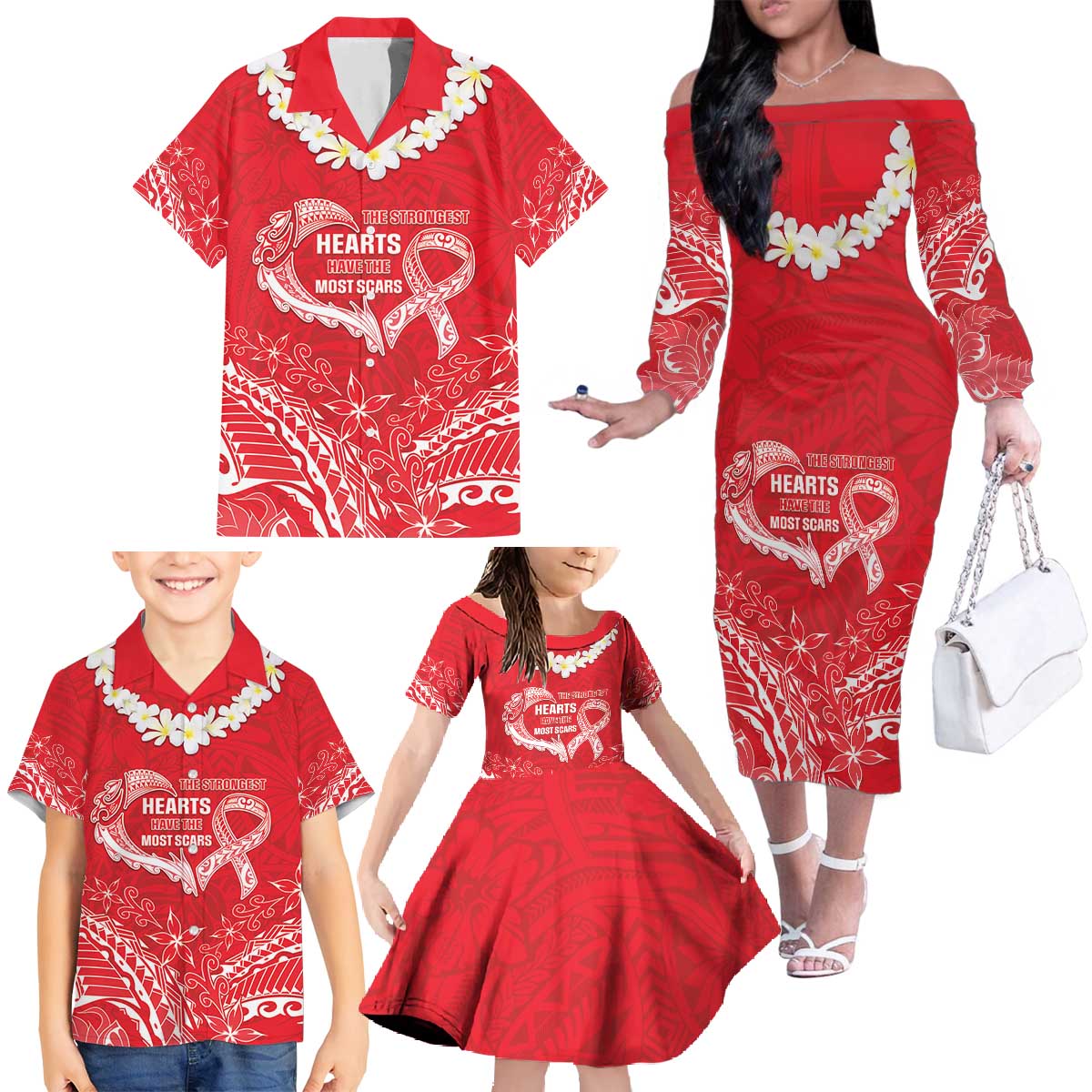 Heart Health Awareness Family Matching Off The Shoulder Long Sleeve Dress and Hawaiian Shirt Polynesian Red Ribbon LT05 - Polynesian Pride