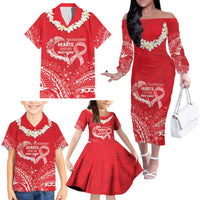 Heart Health Awareness Family Matching Off The Shoulder Long Sleeve Dress and Hawaiian Shirt Polynesian Red Ribbon LT05 - Polynesian Pride