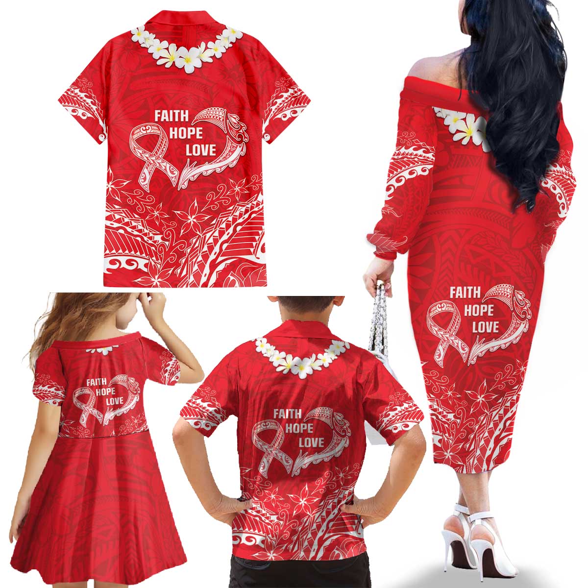 Heart Health Awareness Family Matching Off The Shoulder Long Sleeve Dress and Hawaiian Shirt Polynesian Red Ribbon LT05 - Polynesian Pride