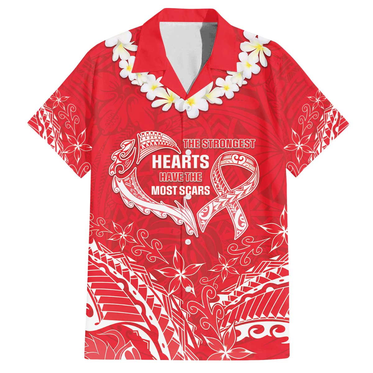 Heart Health Awareness Family Matching Off The Shoulder Long Sleeve Dress and Hawaiian Shirt Polynesian Red Ribbon LT05 Dad's Shirt - Short Sleeve Red - Polynesian Pride