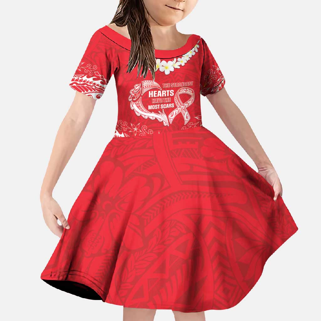Heart Health Awareness Family Matching Off Shoulder Maxi Dress and Hawaiian Shirt Polynesian Red Ribbon LT05 Daughter's Dress Red - Polynesian Pride
