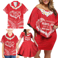 Heart Health Awareness Family Matching Off Shoulder Short Dress and Hawaiian Shirt Polynesian Red Ribbon LT05 - Polynesian Pride