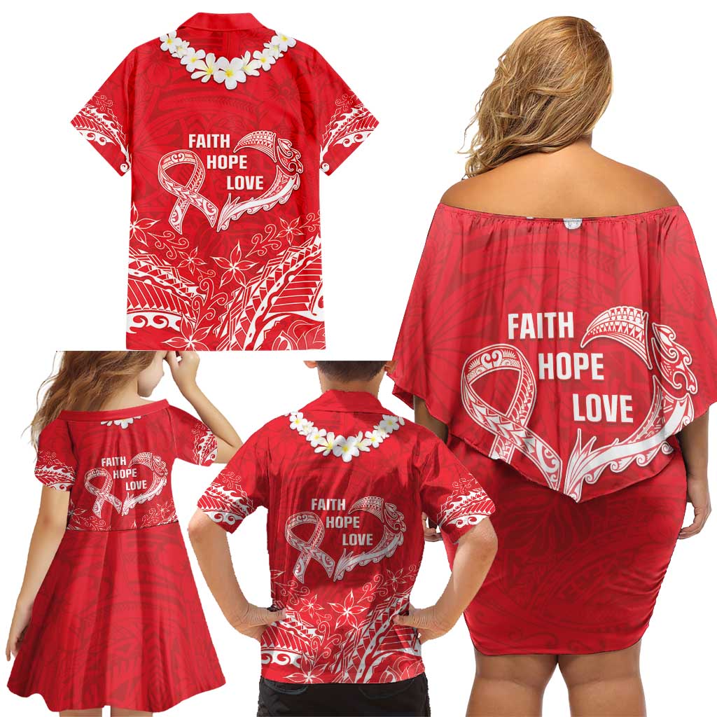 Heart Health Awareness Family Matching Off Shoulder Short Dress and Hawaiian Shirt Polynesian Red Ribbon LT05 - Polynesian Pride