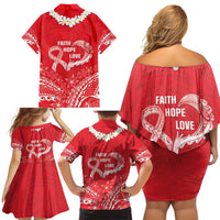 Heart Health Awareness Family Matching Off Shoulder Short Dress and Hawaiian Shirt Polynesian Red Ribbon LT05 - Polynesian Pride