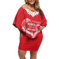 Heart Health Awareness Family Matching Off Shoulder Short Dress and Hawaiian Shirt Polynesian Red Ribbon LT05 Mom's Dress Red - Polynesian Pride