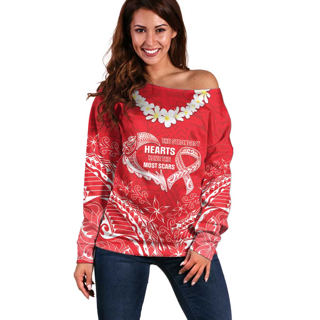 Heart Health Awareness Off Shoulder Sweater Polynesian Red Ribbon LT05 Women Red - Polynesian Pride