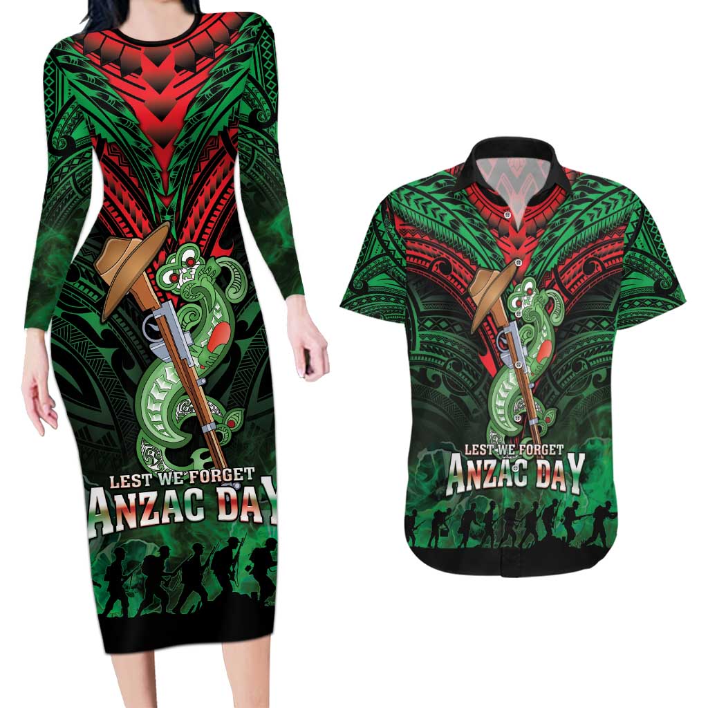 New Zealand ANZAC Day Couples Matching Long Sleeve Bodycon Dress and Hawaiian Shirt Aotearoa Hei Tiki LT05 Green - Polynesian Pride