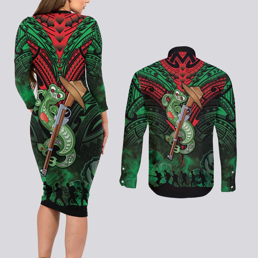 New Zealand ANZAC Day Couples Matching Long Sleeve Bodycon Dress and Long Sleeve Button Shirt Aotearoa Hei Tiki LT05 - Polynesian Pride