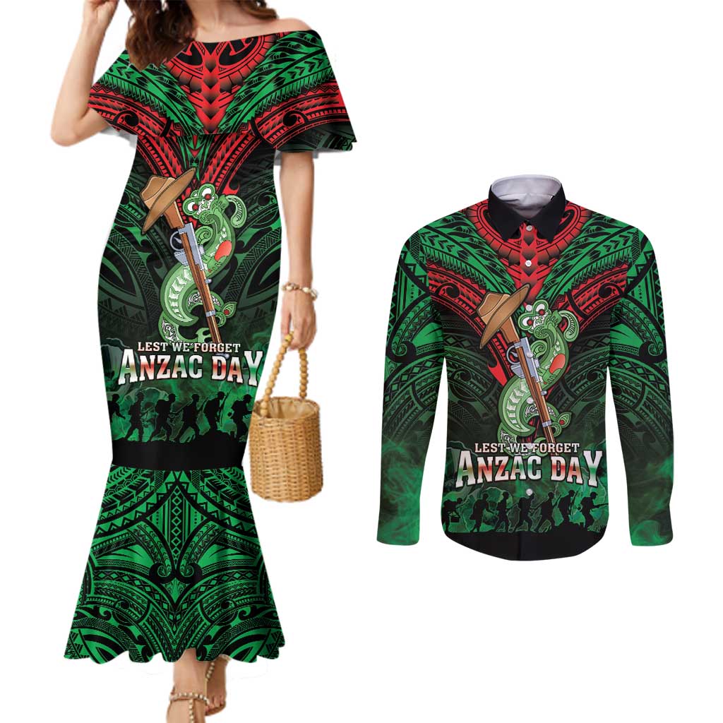 New Zealand ANZAC Day Couples Matching Mermaid Dress and Long Sleeve Button Shirt Aotearoa Hei Tiki LT05 Green - Polynesian Pride