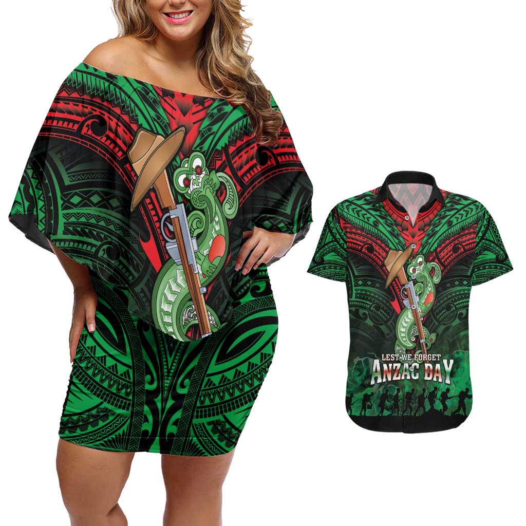 New Zealand ANZAC Day Couples Matching Off Shoulder Short Dress and Hawaiian Shirt Aotearoa Hei Tiki LT05 Green - Polynesian Pride