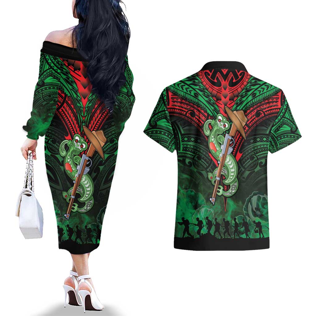 New Zealand ANZAC Day Couples Matching Off The Shoulder Long Sleeve Dress and Hawaiian Shirt Aotearoa Hei Tiki LT05 - Polynesian Pride