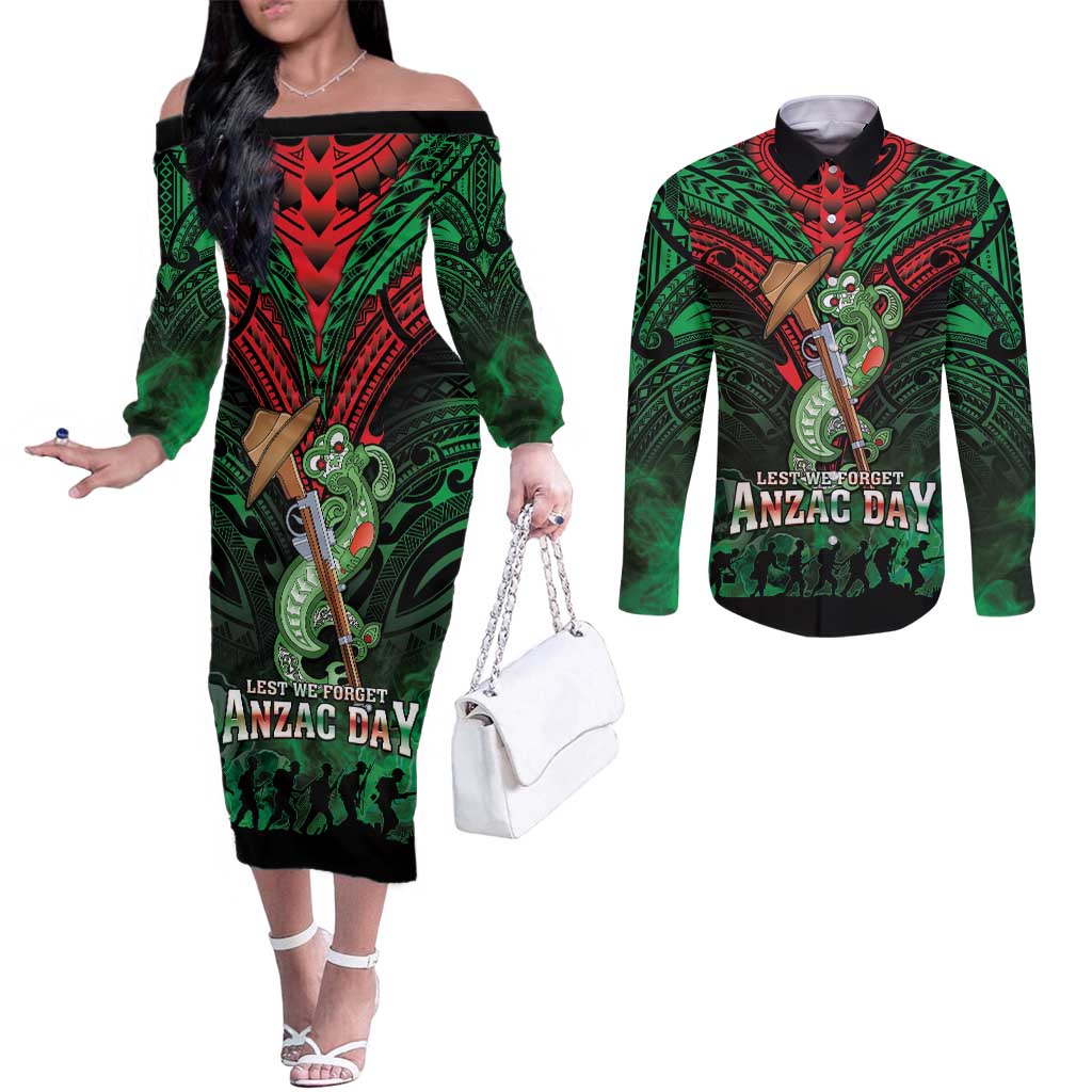 New Zealand ANZAC Day Couples Matching Off The Shoulder Long Sleeve Dress and Long Sleeve Button Shirt Aotearoa Hei Tiki LT05 Green - Polynesian Pride