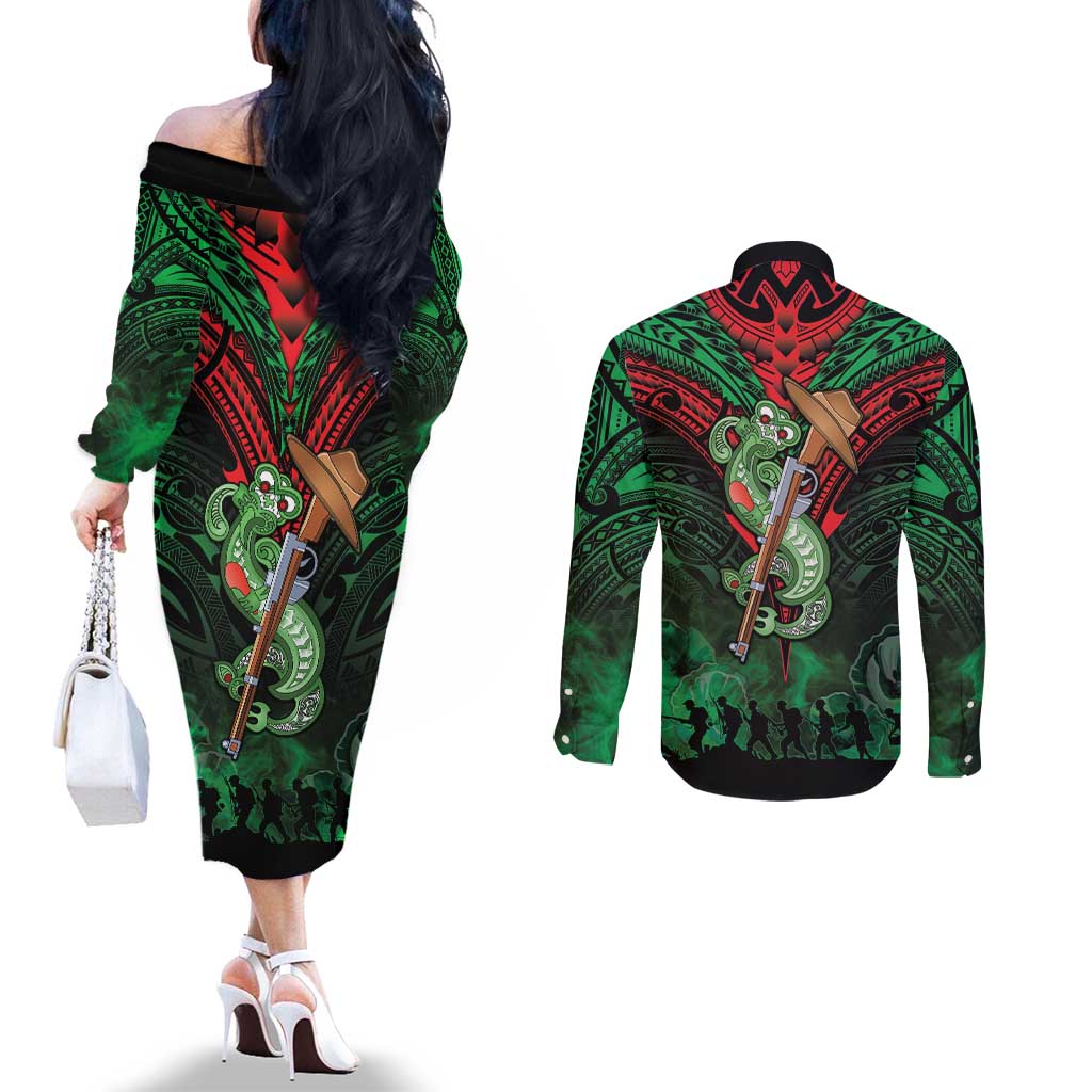New Zealand ANZAC Day Couples Matching Off The Shoulder Long Sleeve Dress and Long Sleeve Button Shirt Aotearoa Hei Tiki LT05 - Polynesian Pride