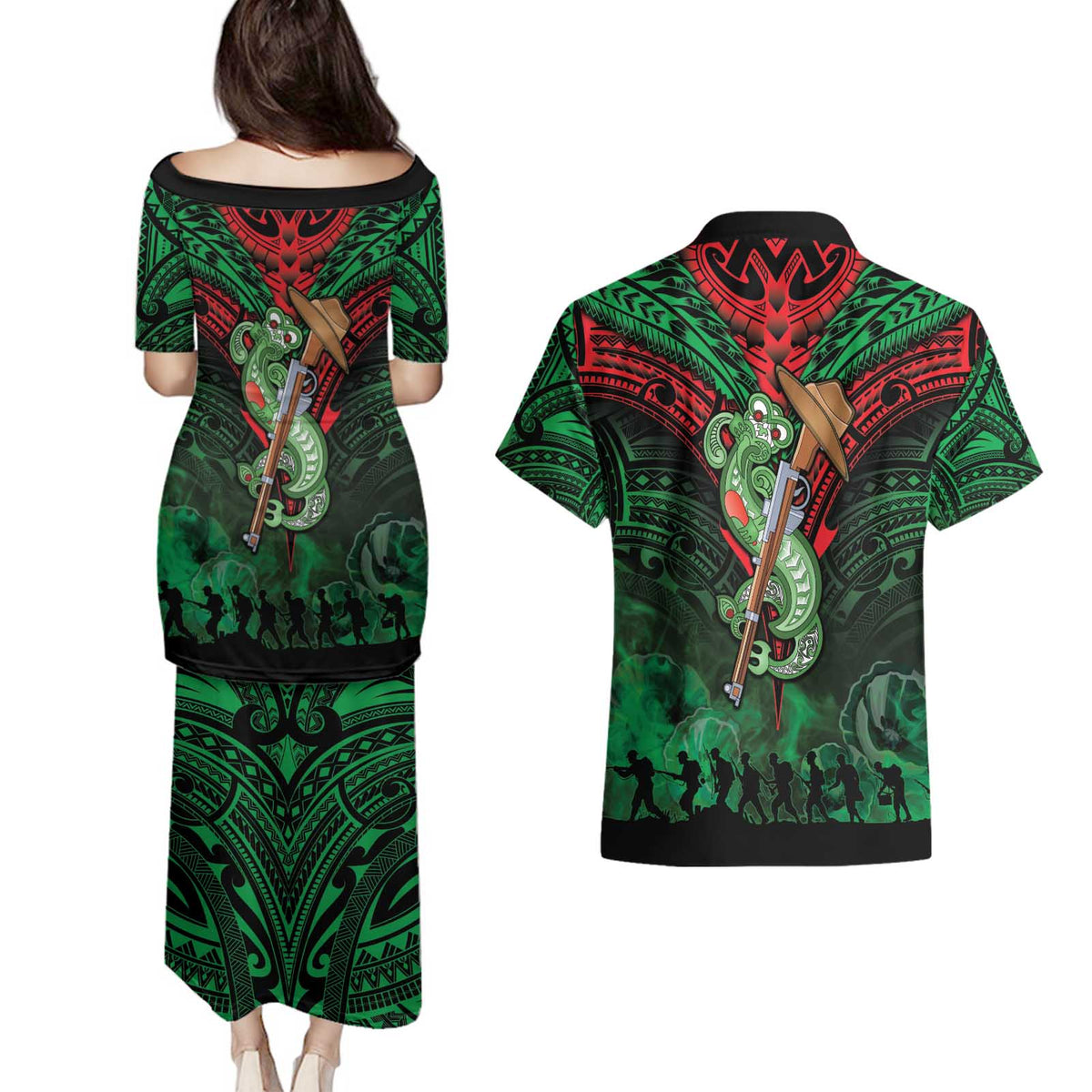 New Zealand ANZAC Day Couples Matching Puletasi and Hawaiian Shirt Aotearoa Hei Tiki