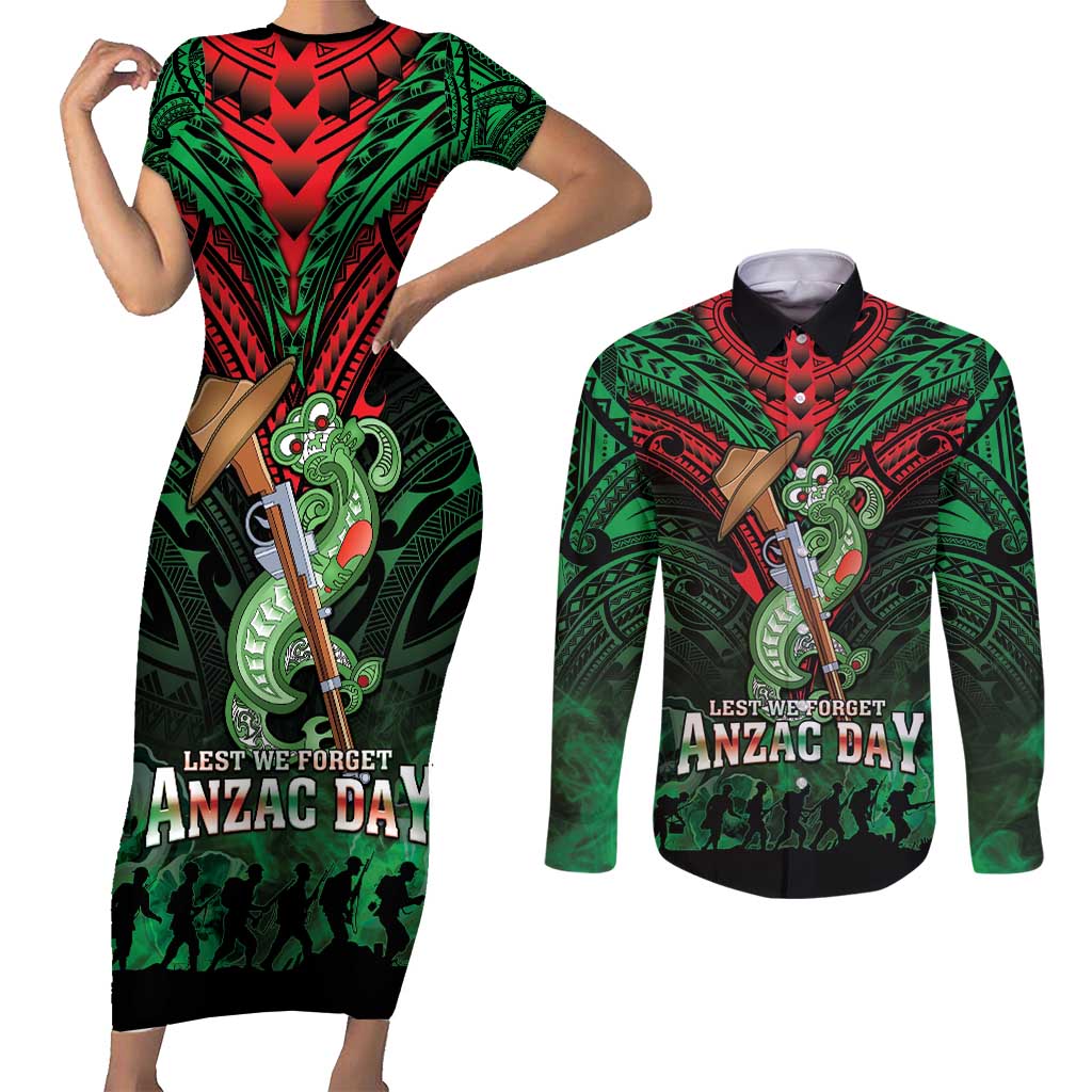 New Zealand ANZAC Day Couples Matching Short Sleeve Bodycon Dress and Long Sleeve Button Shirt Aotearoa Hei Tiki LT05 Green - Polynesian Pride
