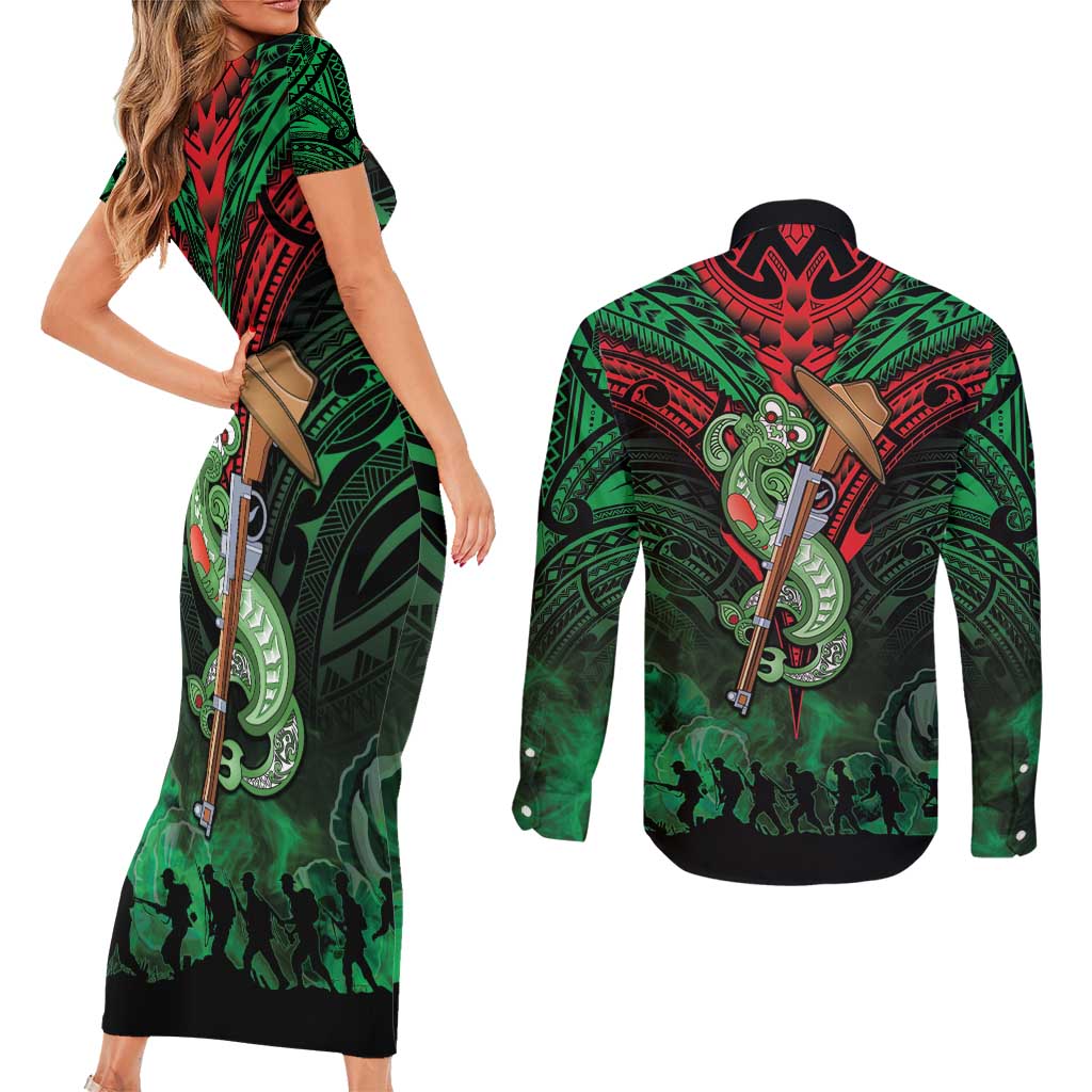 New Zealand ANZAC Day Couples Matching Short Sleeve Bodycon Dress and Long Sleeve Button Shirt Aotearoa Hei Tiki LT05 - Polynesian Pride