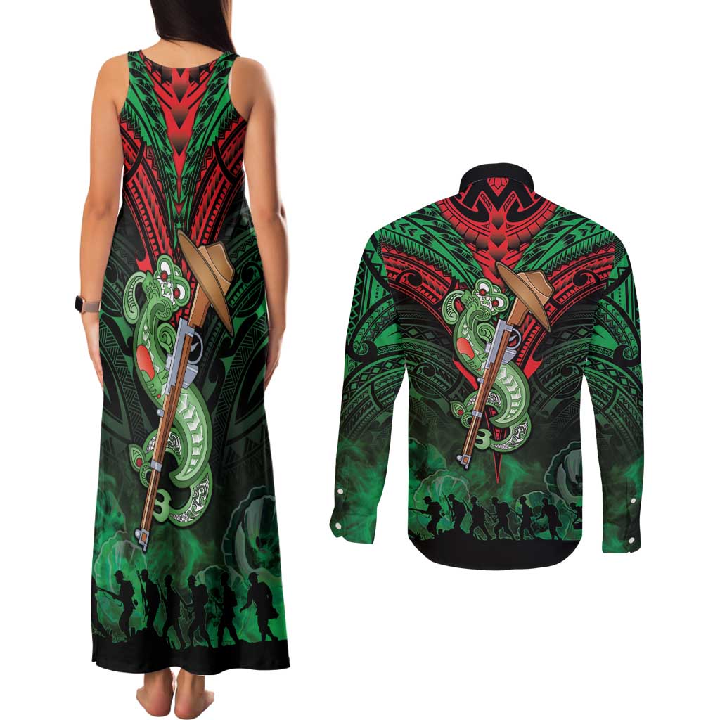New Zealand ANZAC Day Couples Matching Tank Maxi Dress and Long Sleeve Button Shirt Aotearoa Hei Tiki LT05 - Polynesian Pride