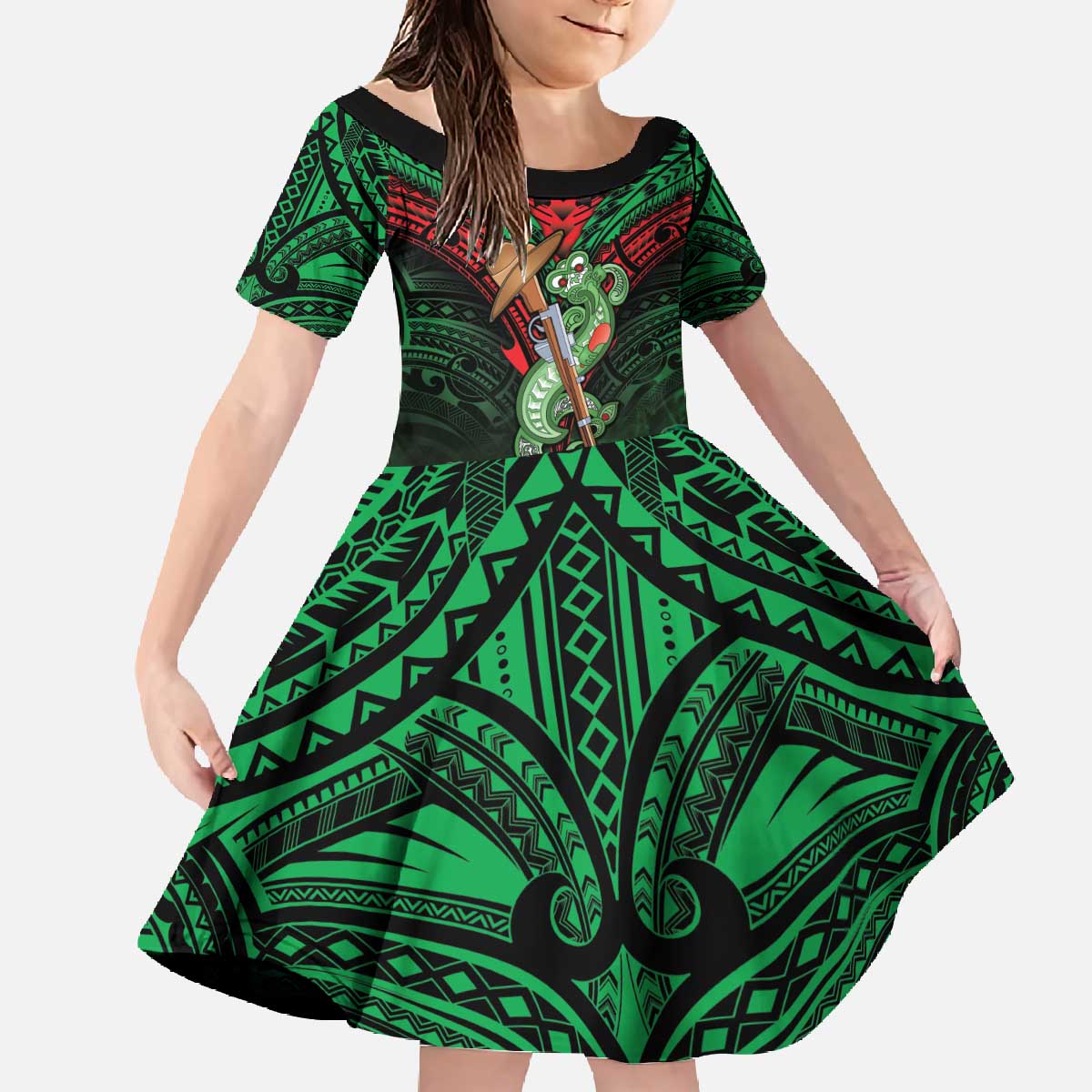 New Zealand ANZAC Day Family Matching Off The Shoulder Long Sleeve Dress and Hawaiian Shirt Aotearoa Hei Tiki LT05 Daughter's Dress Green - Polynesian Pride