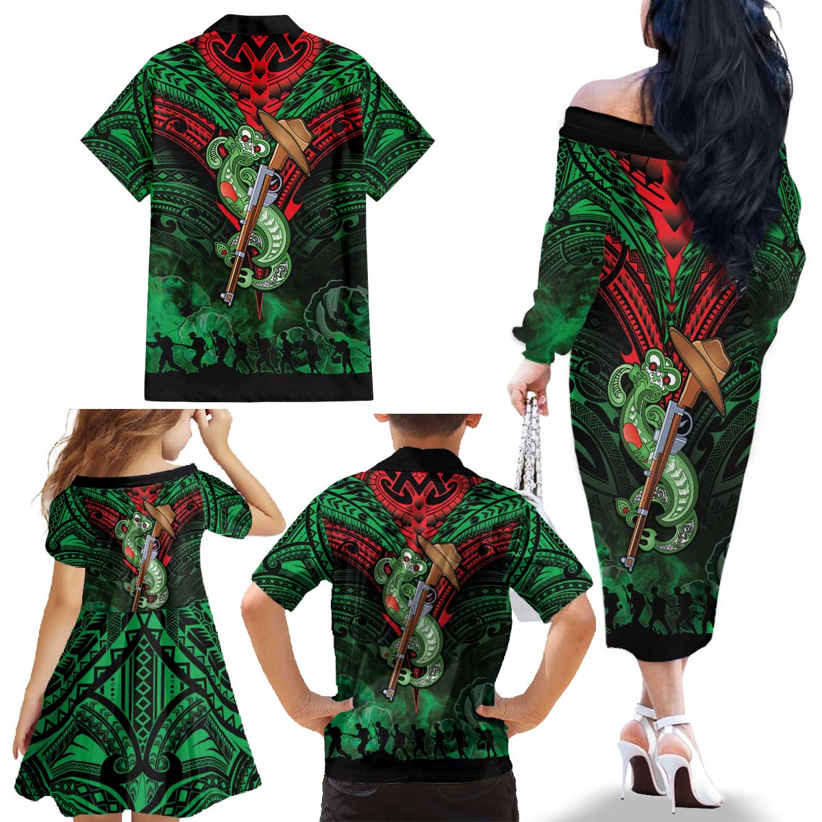 New Zealand ANZAC Day Family Matching Off The Shoulder Long Sleeve Dress and Hawaiian Shirt Aotearoa Hei Tiki LT05 - Polynesian Pride