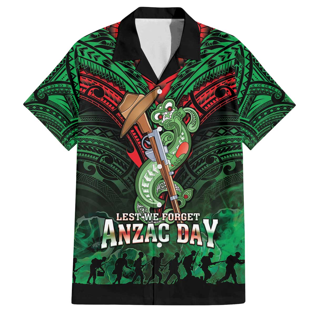 New Zealand ANZAC Day Family Matching Off The Shoulder Long Sleeve Dress and Hawaiian Shirt Aotearoa Hei Tiki LT05 Dad's Shirt - Short Sleeve Green - Polynesian Pride