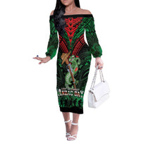 New Zealand ANZAC Day Family Matching Off The Shoulder Long Sleeve Dress and Hawaiian Shirt Aotearoa Hei Tiki LT05 Mom's Dress Green - Polynesian Pride