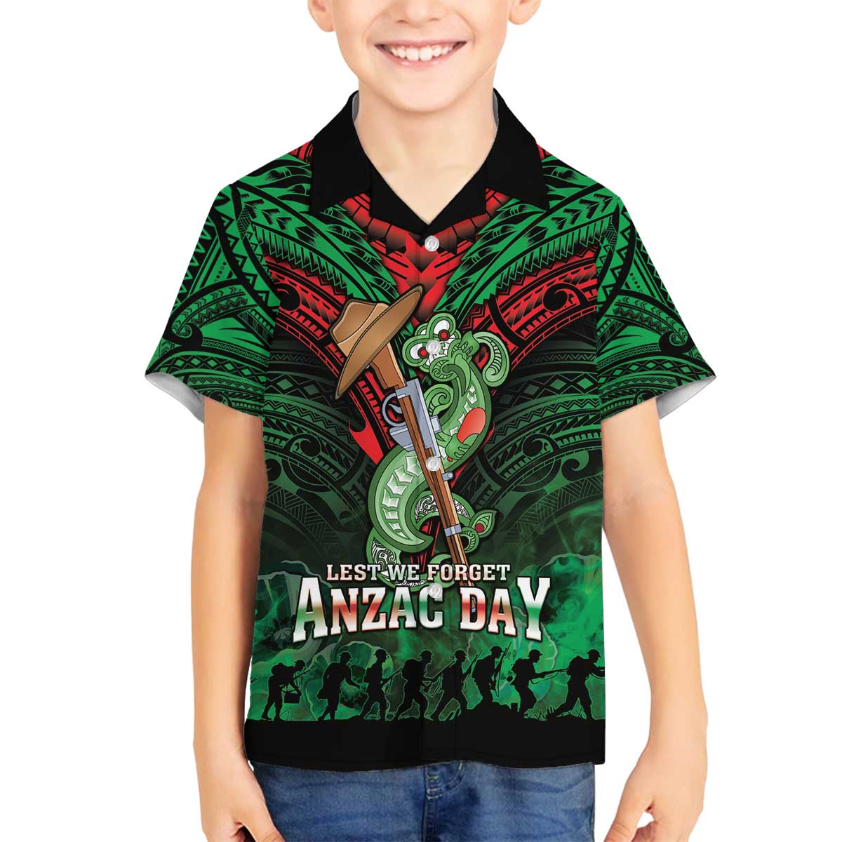 New Zealand ANZAC Day Family Matching Off The Shoulder Long Sleeve Dress and Hawaiian Shirt Aotearoa Hei Tiki LT05 Son's Shirt Green - Polynesian Pride
