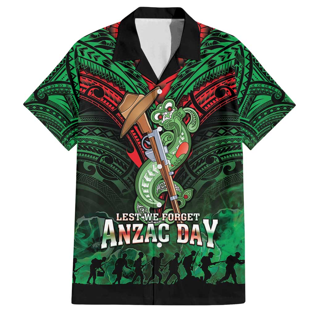 New Zealand ANZAC Day Family Matching Off Shoulder Maxi Dress and Hawaiian Shirt Aotearoa Hei Tiki LT05 Dad's Shirt - Short Sleeve Green - Polynesian Pride