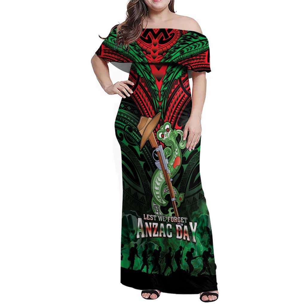 New Zealand ANZAC Day Family Matching Off Shoulder Maxi Dress and Hawaiian Shirt Aotearoa Hei Tiki LT05 Mom's Dress Green - Polynesian Pride