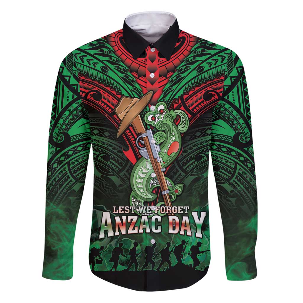 New Zealand ANZAC Day Family Matching Puletasi and Hawaiian Shirt Aotearoa Hei Tiki LT05 Dad's Shirt - Long Sleeve Green - Polynesian Pride