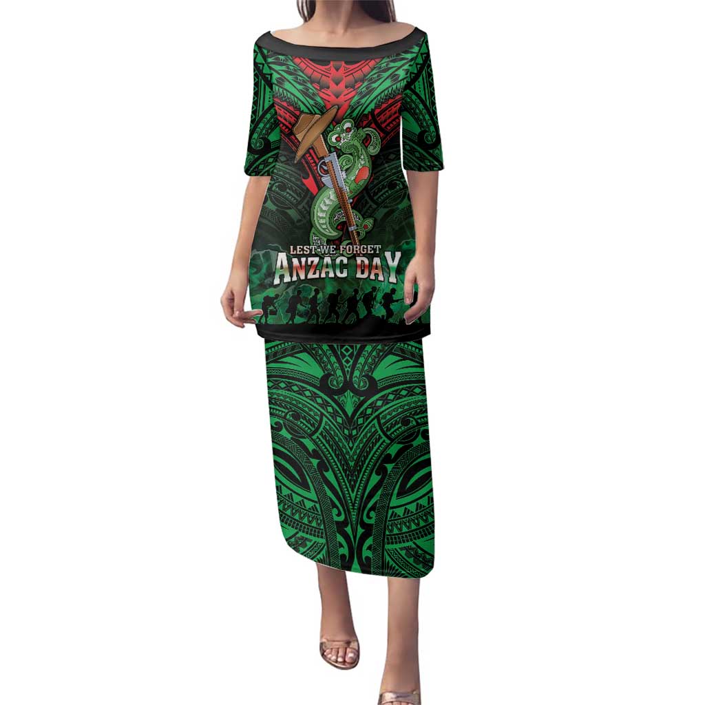 New Zealand ANZAC Day Family Matching Puletasi and Hawaiian Shirt Aotearoa Hei Tiki LT05 Mom's Dress Green - Polynesian Pride