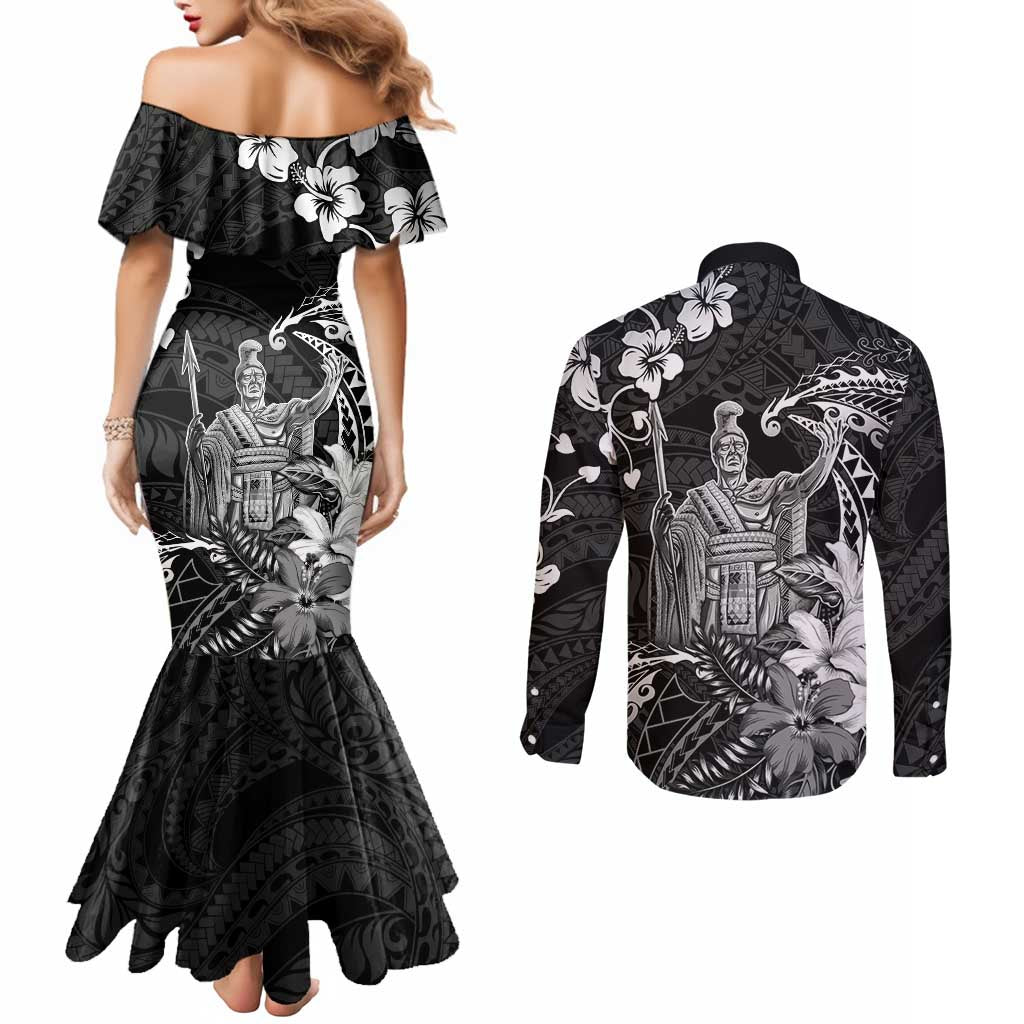 Hawaii King Kamehameha Day Couples Matching Mermaid Dress and Long Sleeve Button Shirt Polynesian Pattern Mix Hibiscus Black