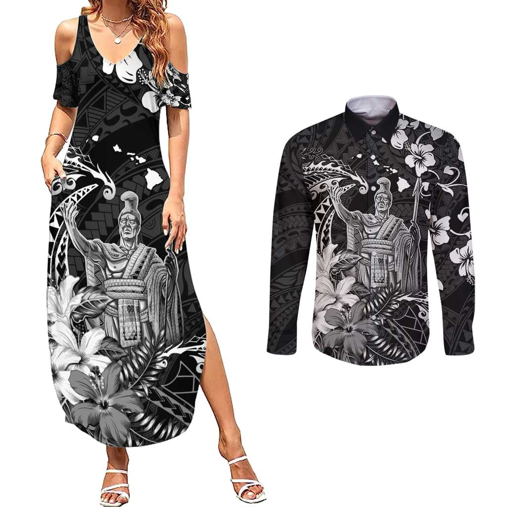Hawaii King Kamehameha Day Couples Matching Summer Maxi Dress and Long Sleeve Button Shirt Polynesian Pattern Mix Hibiscus Black