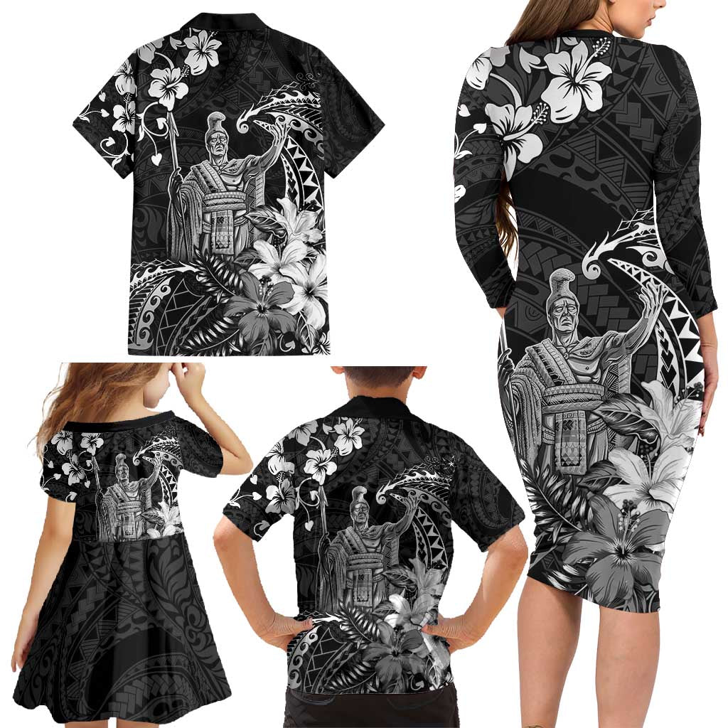 Hawaii King Kamehameha Day Family Matching Long Sleeve Bodycon Dress and Hawaiian Shirt Polynesian Pattern Mix Hibiscus Black LT05 - Polynesian Pride