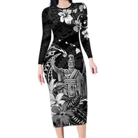 Hawaii King Kamehameha Day Family Matching Long Sleeve Bodycon Dress and Hawaiian Shirt Polynesian Pattern Mix Hibiscus Black LT05 Mom's Dress Black - Polynesian Pride