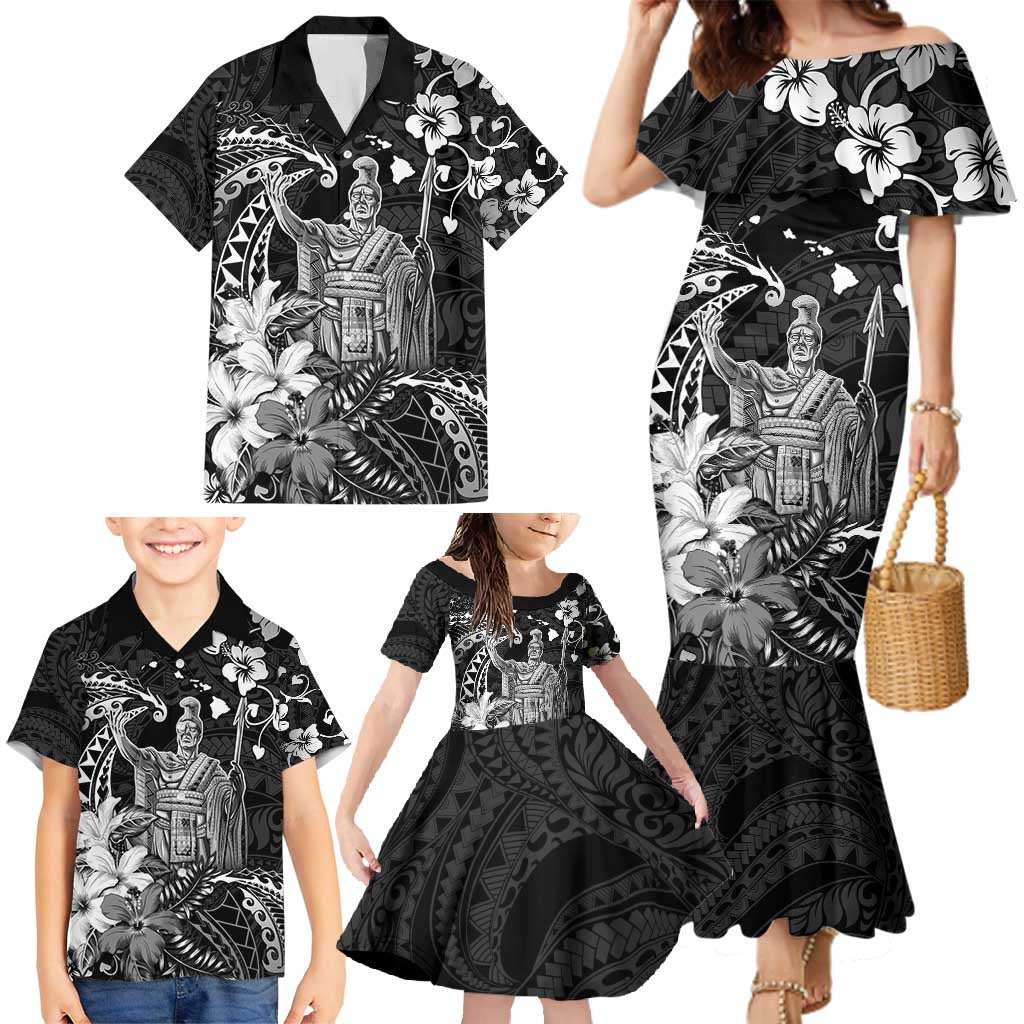 Hawaii King Kamehameha Day Family Matching Mermaid Dress and Hawaiian Shirt Polynesian Pattern Mix Hibiscus Black LT05 - Polynesian Pride