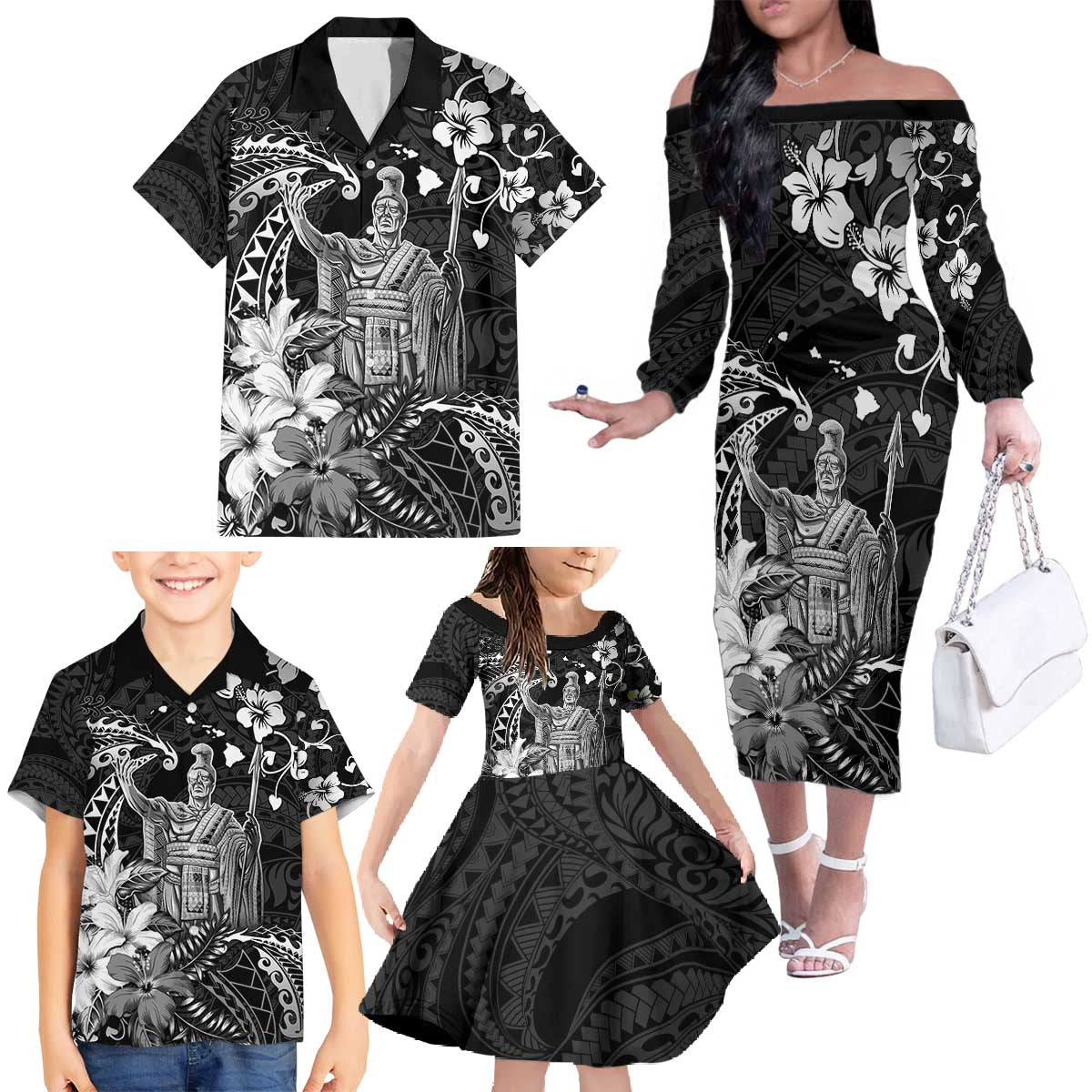 Hawaii King Kamehameha Day Family Matching Off The Shoulder Long Sleeve Dress and Hawaiian Shirt Polynesian Pattern Mix Hibiscus Black LT05 - Polynesian Pride
