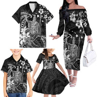 Hawaii King Kamehameha Day Family Matching Off The Shoulder Long Sleeve Dress and Hawaiian Shirt Polynesian Pattern Mix Hibiscus Black LT05 - Polynesian Pride