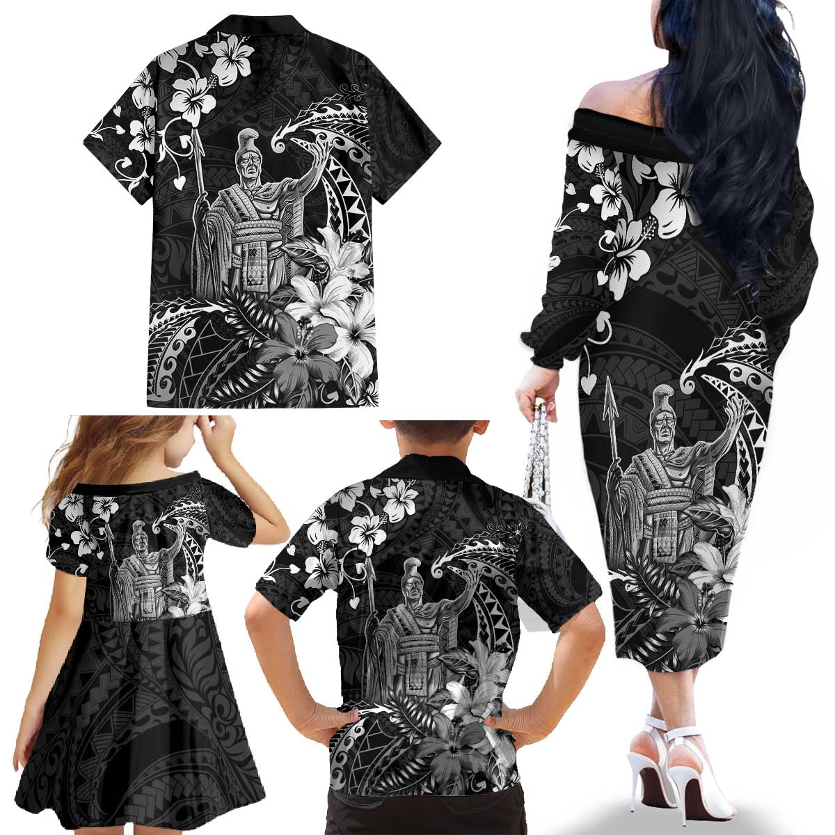 Hawaii King Kamehameha Day Family Matching Off The Shoulder Long Sleeve Dress and Hawaiian Shirt Polynesian Pattern Mix Hibiscus Black LT05 - Polynesian Pride