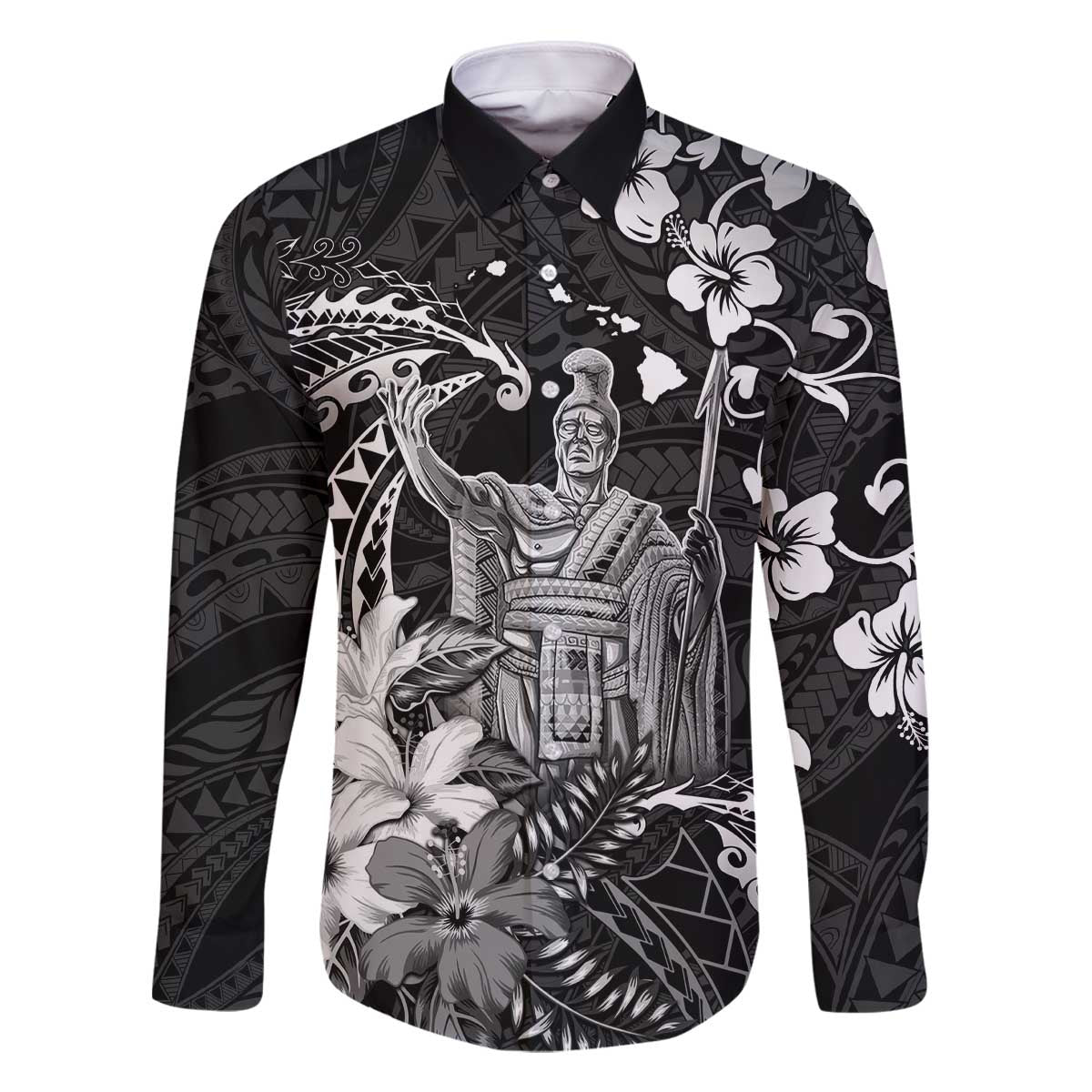 Hawaii King Kamehameha Day Family Matching Off The Shoulder Long Sleeve Dress and Hawaiian Shirt Polynesian Pattern Mix Hibiscus Black LT05 Dad's Shirt - Long Sleeve Black - Polynesian Pride